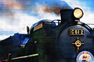 illust, materiale, libero panorama, ritratto dipinto, matita di colore disegna a pastello, disegnando,Il fumo nero della locomotiva di vapore, vaporizzi locomotiva, treno, ruota che guida, Carbone