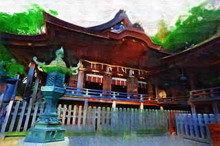 illustration,material,free,landscape,picture,painting,color pencil,crayon,drawing,Kompira-san Shrine Hongu, Shinto shrine Buddhist temple, The big game chief god, wooden building, Shinto
