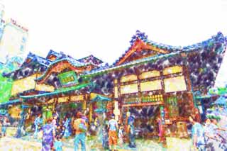 illustration,material,free,landscape,picture,painting,color pencil,crayon,drawing,Dogo Onsen, bathhouse, roof, bamboo blind, yukata