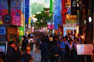 illustration,material,free,landscape,picture,painting,color pencil,crayon,drawing,Row of houses along a city street of Myondong, Neon, crowd, restaurant, street