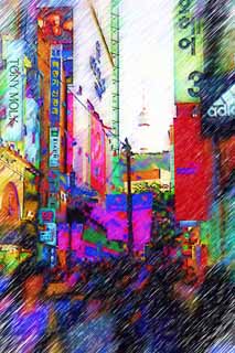 illust, materiale, libero panorama, ritratto dipinto, matita di colore disegna a pastello, disegnando,Fila di case lungo una strada urbana di Myondong, Neon, folla, ristorante, strada