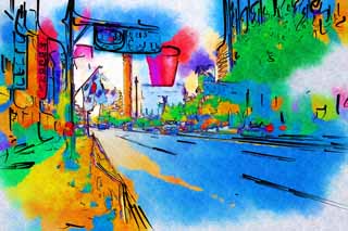Illust, materieel, vrij, landschap, schilderstuk, schilderstuk, kleuren potlood, crayon, werkje,Toerbeurt van huizen mee een stad straat van Myondong, Verkeersbord, Asfaltbitumen, Muuroppervlakte advertentie, Republiek van De korea vlag
