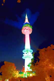illustration,material,free,landscape,picture,painting,color pencil,crayon,drawing,N Seoul tower, An electric wave tower, N Seoul tower, night view, Red