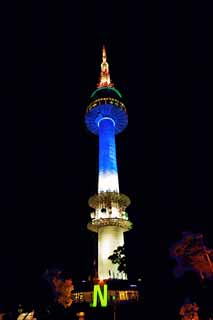 illustration,material,free,landscape,picture,painting,color pencil,crayon,drawing,N Seoul tower, An electric wave tower, N Seoul tower, night view, Blue