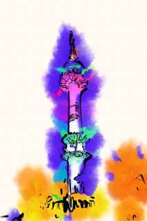 illust, materiale, libero panorama, ritratto dipinto, matita di colore disegna a pastello, disegnando,N Seoul la torre, Una torre di onda elettrica, N Seoul la torre, vista serale, Imporpori