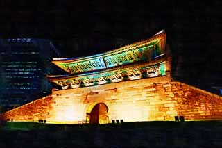 illust, material, livram, paisagem, quadro, pintura, lpis de cor, creiom, puxando,Namdaemun, porto de castelo, Namdaemun, , Castelo de Han
