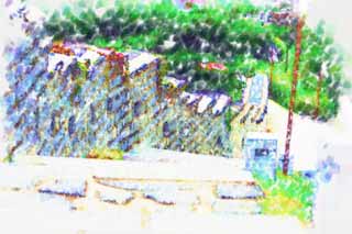 illust, matire, libre, paysage, image, le tableau, crayon de la couleur, colorie, en tirant,Le mur de chteau de Forteresse Hwaseong, chteau, chausse de pierre, carreau, mur de chteau