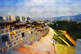 illustration,material,free,landscape,picture,painting,color pencil,crayon,drawing,The castle wall of Hwaseong Fortress, castle, stone pavement, tile, castle wall