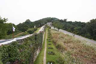 Foto, materieel, vrij, landschap, schilderstuk, bevoorraden foto,Het kasteel muur van Hwaseong Fortress, Kasteel, Stenige bestrating, Tichel, Kasteel muur