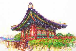 illustration,material,free,landscape,picture,painting,color pencil,crayon,drawing, SoPo-ru of Hwaseong Fortress, castle, stone pavement, tile, castle wall
