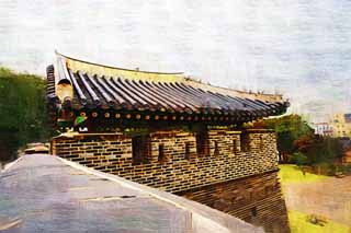 illustration,material,free,landscape,picture,painting,color pencil,crayon,drawing,Kitanishi gun tower of Hwaseong Fortress, castle, stone pavement, tile, castle wall