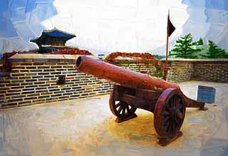 illustration,material,free,landscape,picture,painting,color pencil,crayon,drawing,It is the Chang'an gate in a cannon, castle, Military affairs, weapon, castle wall