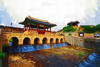 illustration,material,free,landscape,picture,painting,color pencil,crayon,drawing,Sinter rainbow gate and BangWhaSuRyuJung, castle, river, brick, castle wall
