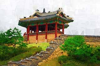 illust, material, livram, paisagem, quadro, pintura, lpis de cor, creiom, puxando,BangWhaSuRyuJung, castelo, torre de canto, tijolo, parede de castelo