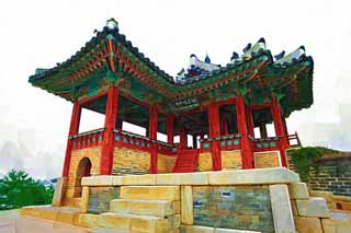 illust, materiale, libero panorama, ritratto dipinto, matita di colore disegna a pastello, disegnando,BangWhaSuRyuJung, castello, torre di angolo, mattone, muro di castello