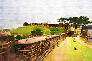 illustration,material,free,landscape,picture,painting,color pencil,crayon,drawing,BukAm-gate and DongBukPoRu, castle, way, brick, castle wall