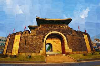illustration,material,free,landscape,picture,painting,color pencil,crayon,drawing,The eight gate, castle, The south gate, brick, castle wall