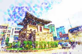 illustration,material,free,landscape,picture,painting,color pencil,crayon,drawing,A tower of Kyng-bokkung, Making a rock garden, tower, sloppy image, world heritage