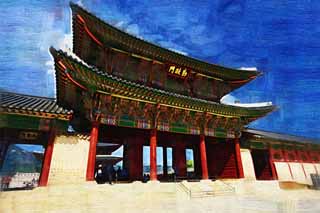 Illust, materieel, vrij, landschap, schilderstuk, schilderstuk, kleuren potlood, crayon, werkje,Kunjonmun van Kyng-bokkung, Van hout gebouw, Wereld heritage, Confucianism, Vele trant kavelt