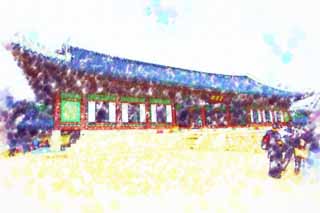illustration,material,free,landscape,picture,painting,color pencil,crayon,drawing,Gangnyeongjeonof Kyng-bokkung, wooden building, world heritage, Confucianism, Many parcels style