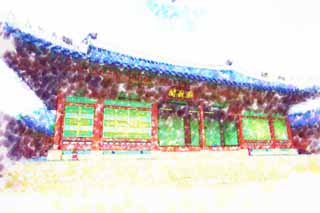 illustration,material,free,landscape,picture,painting,color pencil,crayon,drawing,Heumgyeonggak of Kyng-bokkung, wooden building, world heritage, clock, Many parcels style