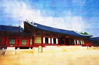 illustration,material,free,landscape,picture,painting,color pencil,crayon,drawing,Gyotaejeonof Kyng-bokkung, wooden building, world heritage, Confucianism, Many parcels style