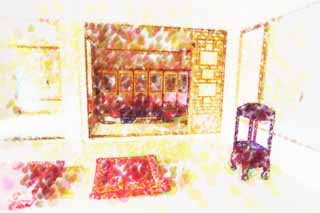 illust, materiale, libero panorama, ritratto dipinto, matita di colore disegna a pastello, disegnando,La stanza di Kyng-bokkung, tavola in basso cenando, Stoviglie, schermo, cuscino