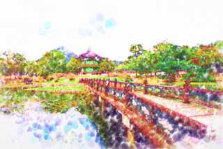 illustration,material,free,landscape,picture,painting,color pencil,crayon,drawing,Hyangwonjeong of Kyng-bokkung, wooden building, world heritage, An arbor, Suiko Bridge
