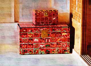 illustration,material,free,landscape,picture,painting,color pencil,crayon,drawing,Furniture of Kyng-bokkung, An accessory case, The picture of the animal, Red, container