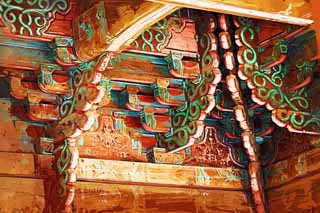 illustration,material,free,landscape,picture,painting,color pencil,crayon,drawing,A beam of Kyng-bokkung, It is made of wood, pillar, Latticework, Rich coloring