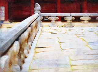 illust, material, livram, paisagem, quadro, pintura, lpis de cor, creiom, puxando,Uma cerca de Kunjongjon, apedreje esttua, herana mundial, Confucionismo, escultura