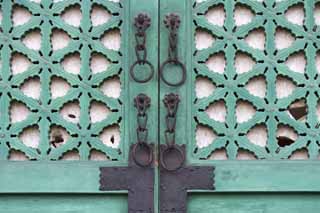 fotografia, material, livra, ajardine, imagine, proveja fotografia,Uma porta de Kunjongjon, porta,  feito de madeira, Verde azulado, escultura