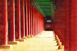 illustration,material,free,landscape,picture,painting,color pencil,crayon,drawing,A corridor of Kunjongjon, pillar, beam, corridor, Time