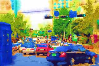 illustration,material,free,landscape,picture,painting,color pencil,crayon,drawing,A traffic jam, car, signal, crossing, Asphalt