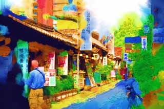 illustration,material,free,landscape,picture,painting,color pencil,crayon,drawing,Insadong, gallery, Tradition, restaurant, stone pavement