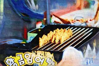 illust, materiale, libero panorama, ritratto dipinto, matita di colore disegna a pastello, disegnando,Una bancarella di tailandese frisse , La frittella pesce-sagomata riemp con marmellata di fagiolo, , la frittella pesce-sagomata riemp con marmellata di fagiolo, torta