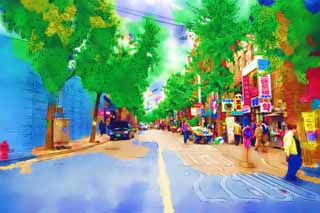 illustration,material,free,landscape,picture,painting,color pencil,crayon,drawing,A way of Seoul, Keep to the right of the road, restaurant, roadside tree, ginkgo
