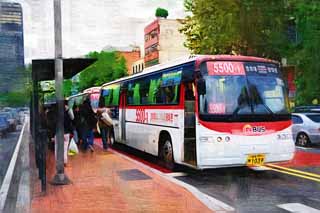 illust, materiale, libero panorama, ritratto dipinto, matita di colore disegna a pastello, disegnando,Un autobus di percorso di instradamento di Seoul, autobus, passeggero, fermata, Partenza