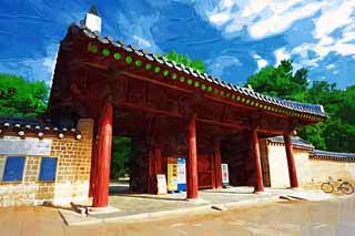 illustration,material,free,landscape,picture,painting,color pencil,crayon,drawing,Chan Yommun of the ancestral mausoleum of the Imperial Family, Jongmyo Shrine, The thumbtack which complies, I am painted in red, Ishigaki