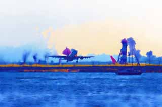 illustration,material,free,landscape,picture,painting,color pencil,crayon,drawing,Takeoff, Airport, Runway, Takeoff, Yacht