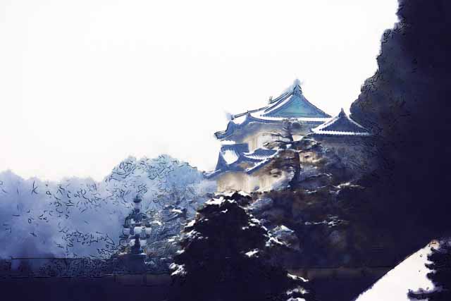 illustration,material,free,landscape,picture,painting,color pencil,crayon,drawing,Snow Fushimi derrick, Castle, Palace, Killer whale, Edo Castle