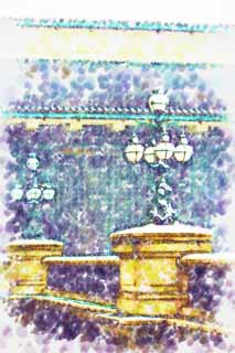 illust, materiale, libero panorama, ritratto dipinto, matita di colore disegna a pastello, disegnando,Luce neve doppio ponte, Lanterna, Palazzo, Lampada, Nevicata