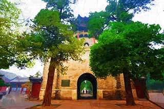 illust, materiale, libero panorama, ritratto dipinto, matita di colore disegna a pastello, disegnando,Palazzo alberghi estate, Guan Yu, , Castello, Imperatore il padiglione di Guan