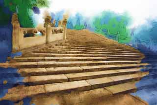 illustration,material,free,landscape,picture,painting,color pencil,crayon,drawing,Summer Palace and a half of the bridge wall, Stone stairway, Stairs, Ishibashi, Half-bridge wall