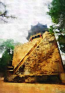 Illust, materieel, vrij, landschap, schilderstuk, schilderstuk, kleuren potlood, crayon, werkje,Summer Palace lodges, Guan Yu, , Kasteel, Keizer Guan Pavilion