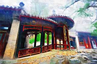 illustration,material,free,landscape,picture,painting,color pencil,crayon,drawing,Summer Palace corridor, Decoration, Liang, Arbor, Green