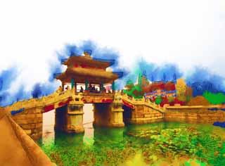 illustration,material,free,landscape,picture,painting,color pencil,crayon,drawing,The Summer Palace Bridge, Stone stairway, Stairs, Ishibashi, 