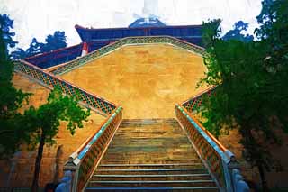 illustration,material,free,landscape,picture,painting,color pencil,crayon,drawing,Summer Palace stairs, Stairs, Stone stairway, Ishigaki, Brick