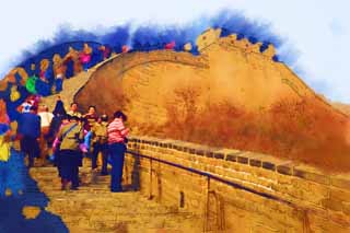 illust, material, livram, paisagem, quadro, pintura, lpis de cor, creiom, puxando,Grande Muralha, Paredes, Castelo de Lou, Xiongnu, Imperador Guangwu de Han