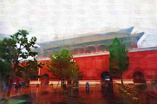 illustration,material,free,landscape,picture,painting,color pencil,crayon,drawing,Gate edge, Zhu coating, I'm tan, Red wall, Cards